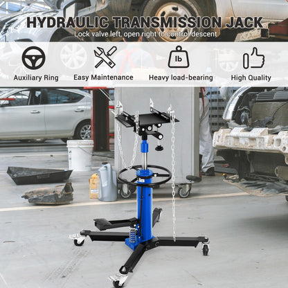 Hydraulic Transmission Jack, 1322 LB Capacity, 34-68 in, Heavy Duty Telescopic Transmission Jack Lift with Foot Pedal, 30° Tilt Saddle & 360° Swivel Wheels for Garage & Shop, Blue