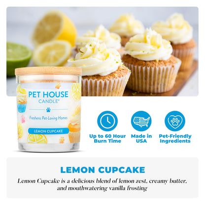 Pet House Candles, Clean Long-Lasting Pet Odor Candles for Home, Plant-Based, 60 Hour Burn Time - Lemon Cupcake, 9 oz