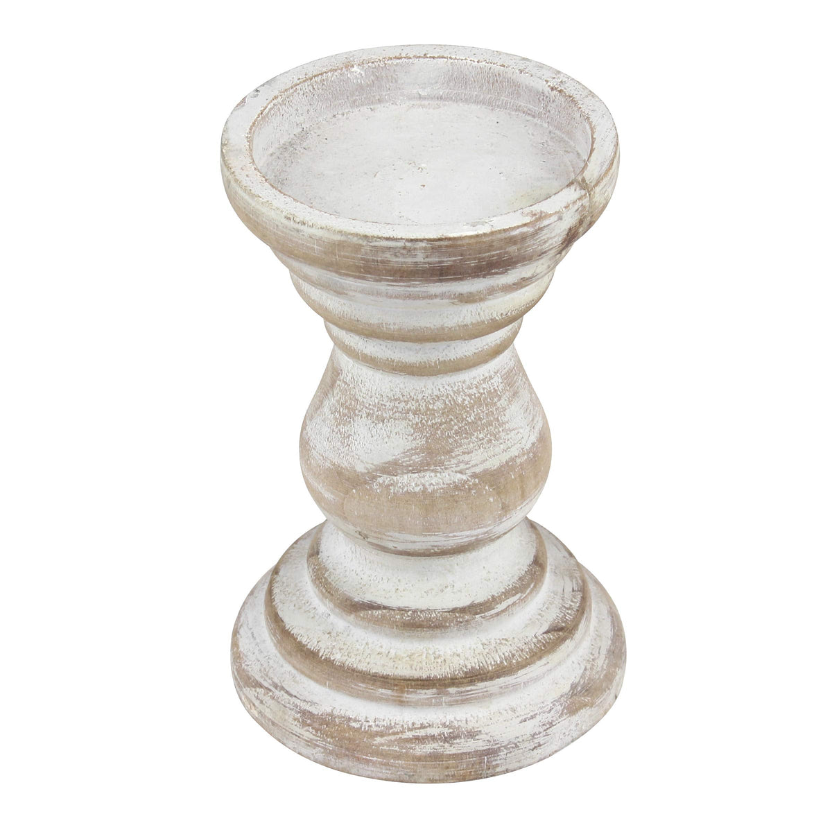Stonebriar Antique White Wooden Pillar Candle Holder, Vintage Seaside Pillar Stand for Dining Table Centerpiece, Coffee Table, Mantel, Or Any Table Top, Medium