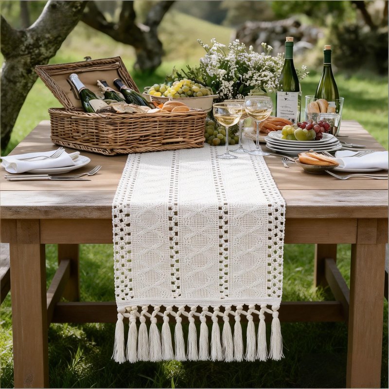Socomi Boho Table Runner Summer Farmhouse Rustic Dining Kitchen Centerpiece Decor Small Macrame Woven Cotton Linen Coffee Table Runner for Dresser Scarf Home Decor 12x60 inch Beige