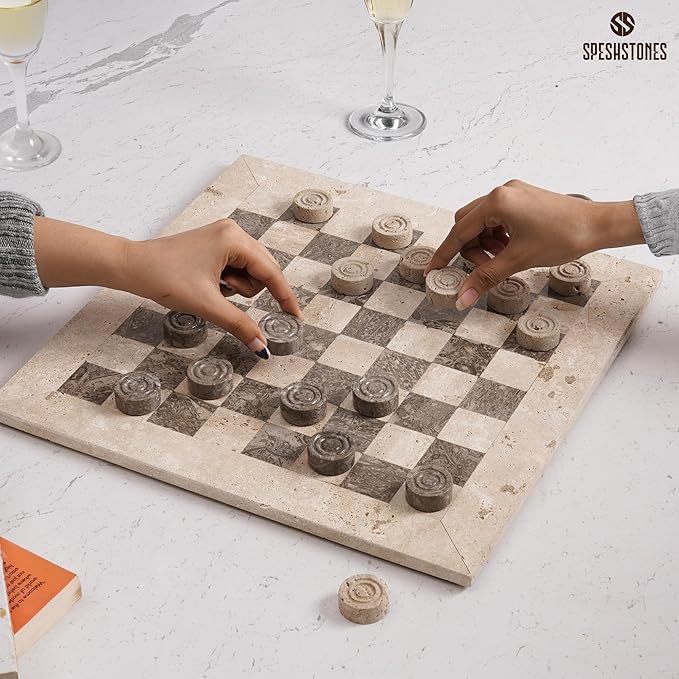 Marble Checkers Set 15 Inches Handmade Travertine &amp Oceanic Checkers Board Game with Checker Pieces - Board Games for Adults Game Table Accessories Gifts &amp Home Décor