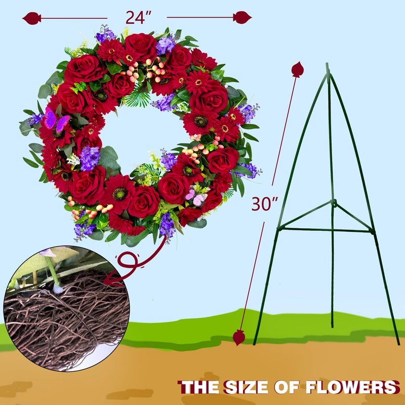 Naramiji Cemetery Wreath for Grave, Red Roses Memorial Wreath with 30 Inch Easeal Stand, Fade-Resistant