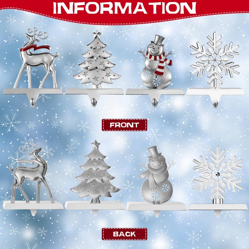 GUOER 4 Pack Snowflake Christmas Stocking Holder Set for Mantle Christmas Decorations Holiday Mantle Fireplace Topper - Snowflake Snowman Reindeer and Christmas Tree Hangers Decorative Metal Hanger