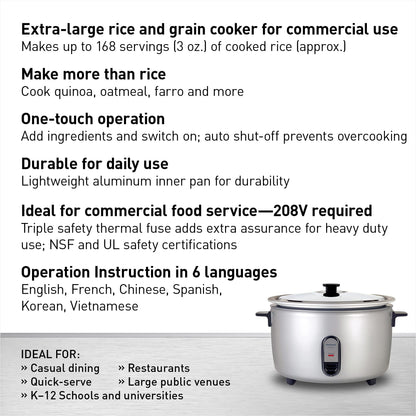 Panasonic Commercial Electric Rice Cooker, 208V Extra-Large Capacity 80-Cup (Cooked), 40-Cup (Uncooked) with One-Touch Operation - SR-GA721L - Silver