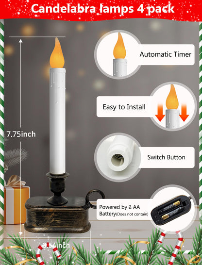 Xingzd 4PK Battery Operated LED Window Candles, Dusk to Dawn Light Sensor, Flicker Flame Christmas Window Candles with Bronze Base, 7.75 Inch Flameless Taper Candle for Table Bedroom Xmas