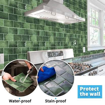 Art3d Peel and Stick Backsplash Tile Green for Kithchen Bathroom Laundry Room Stove RV, 20-Pack of 12 x 6" Self-Adhesive Vinyl Stick On Subway Tile