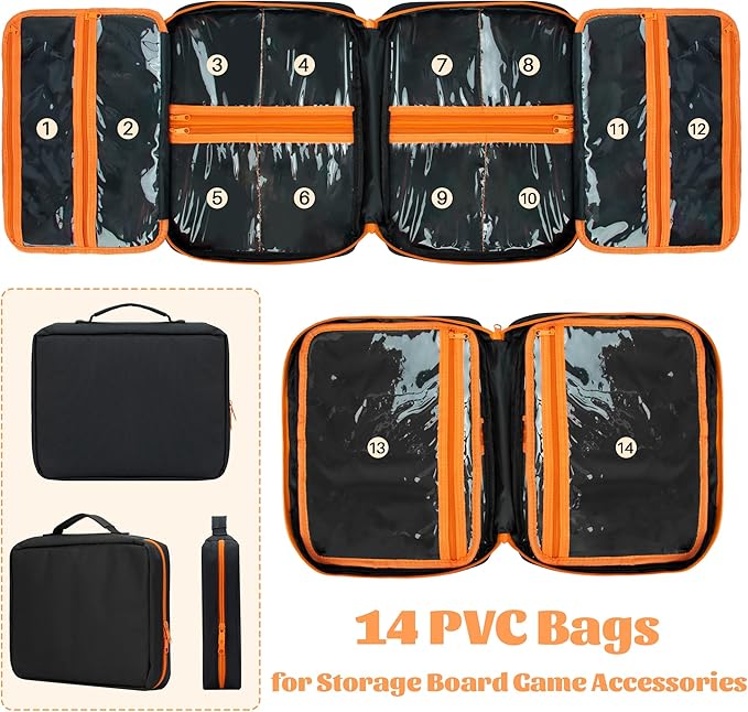 Premium Board Game Storage Organizer Case (14 PVC Pouches) - Portable Travel Game Storage Case | Ultimate Dice and Token Holder for Cards Miniatures and Catan Components
