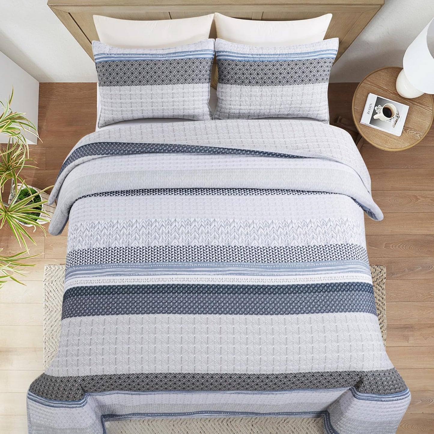 HOMBYS Stripe Oversized King Quilt Sets 128"x120", 3 Pieces Bedspread Set White and Light Blue Patchwork Coverlet, Soft and Lightweight Quilted Bedding Set for All Season-1 Quilt & 2 Pillow Shams