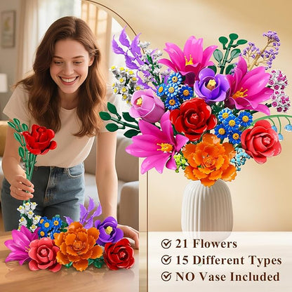 Flowers Bouquet Building Set with LED Light 21 Flower Botanical Collection Block Toy Rose Home Plant Decor 1054PCS for Her Adults Women Mom Kids Girls 12+ (RED)