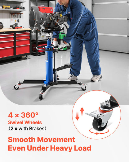 VEVOR Hydraulic Transmission Jack, 1660 lbs Capacity Hydraulic Telescopic Transmission Jack, 34.6-69.3 in High Lifting Height, 2-Stage Floor Jack Stand with Foot Pedal, 360° Swivel Wheel, Blue