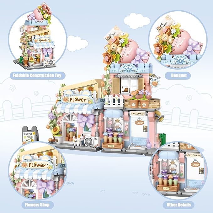 Street View Flower House Shop Mini Building Blocks MOC Creative Building Toys Cute Panda Building Set for Girls 6-12 Simulation Architecture Construction Toy Gift Idea for Kids Adults (854 PCS)