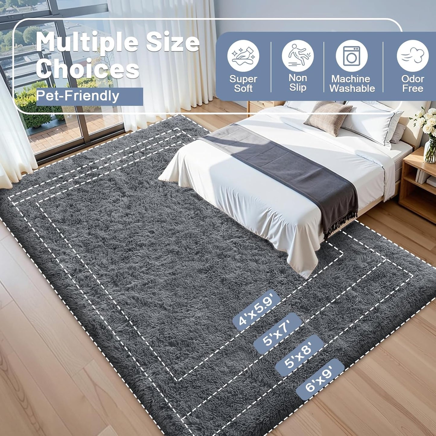 OLANLY Soft Fluffy Shaggy Small Rug - Machine Washable Indoor Carpet for Bedroom & Nursery, Grey