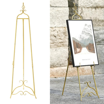 CaliDecor 58.5” H Gold Easel Stand for Sign, Large Adjustable Metal Display Standing for Displaying Pictures Wedding Poster Holder Showcasing with Chain Support