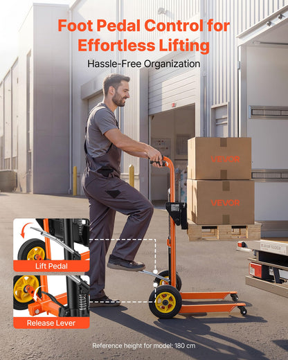 VEVOR Hydraulic Material Lift Winch Stacker, 450 lbs Load Capacity, 35.4'' Max Lifting Height, Pallet Truck Dolly with Fork Lift Table, Foldable & Portable Pallet Jack Table Cart, Orange & Black