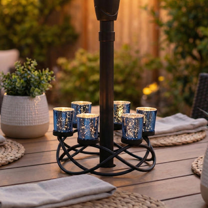 Seraphic Centerpieces for Table Decorations - Round Candle Holders for Outdoor Patio, Dining, Kitchen, Coffee & Wedding Table Decor, Black Iron Candelabra, 6 Blue Glass Votive Tealight Cups