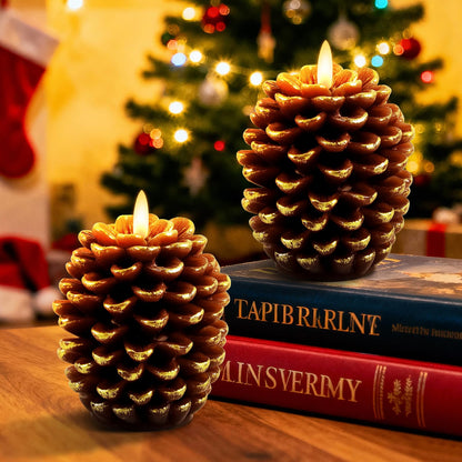 Verdenu 2 Pack Pine Cone Candles, Christmas Real Wax Led Candles with Remote Timer, Flickering Christmas Flameless Candles Battery Operated, Pinecone Candle for Christmas Holiday Decoration