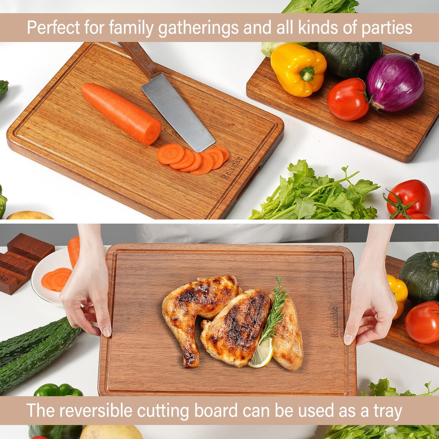 Relxinke Solid Teak Wood Cutting Board Set One Piece Non Glued Large Thick Crack Resistant Wooden Chopping Board with DeepJuice Grooves Built in Handles for Kitchen Meat Vegetable 18x12 IN &12X8 IN