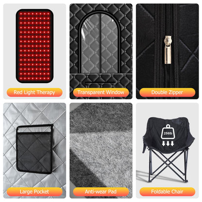 amocane Portable Dry Wind Sauna with 660nm red Light Lamp, Personal Hot Air Sauna Spa for Home, Full Body Infrared Black Saunas Tent with Large Chair, 99 Mins time, 165℉
