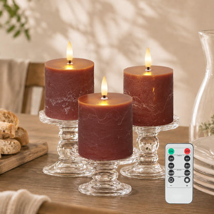 Brown Flameless Pillar Candles with Remote, Real Wax LED Candles Set of 3 (3x3Inch), 3D Flickering Flame, Battery Operated Candles with Timer for Home Decor, Table Centerpiece, Farmhouse Fall Decor