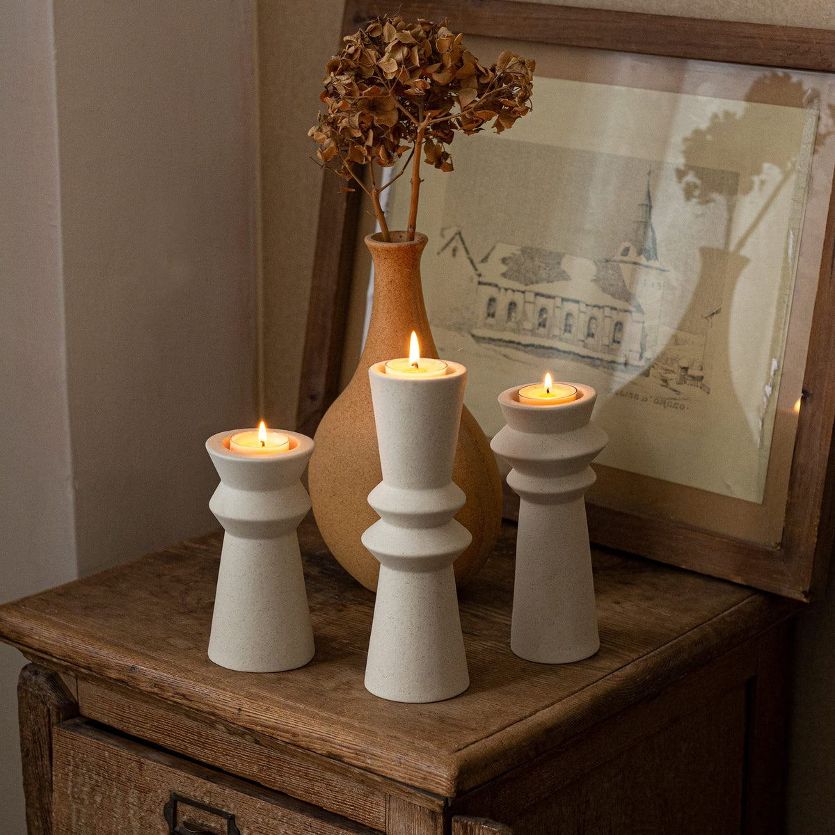 VICBOND Set of 3 Ceramic Candle Holders,Minimalist Style, Candle Burning Display Holder,for for Home Decorations, Wedding Parties, Festival Celebrations.