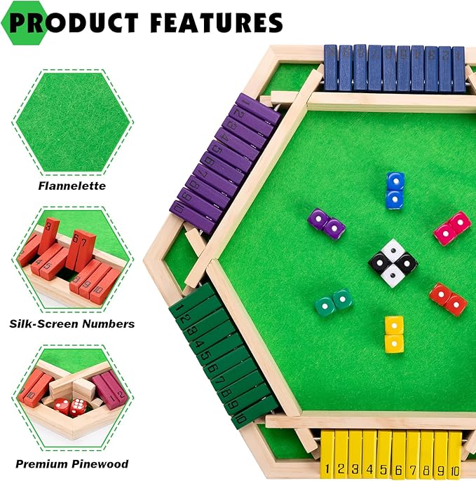 Shut The Box Game Large for 6 Players 15 inch Wooden Board Table Math Game with 16 Dice and Instructions Classics Close The Box Board Game