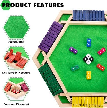 Shut The Box Game Large for 6 Players 15 inch Wooden Board Table Math Game with 16 Dice and Instructions Classics Close The Box Board Game