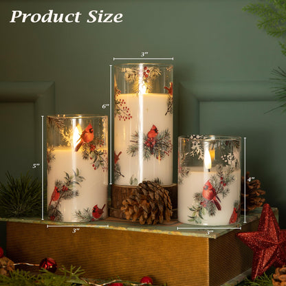 LUSHARBOR LUSHABOR Christmas Flameless Candles, 3 Pack Battery Operated Candles for Christmas Mantel Decor, Glass LED Flickering Candles Home Xmas Party Holiday D3 H4 5" 6", Bird