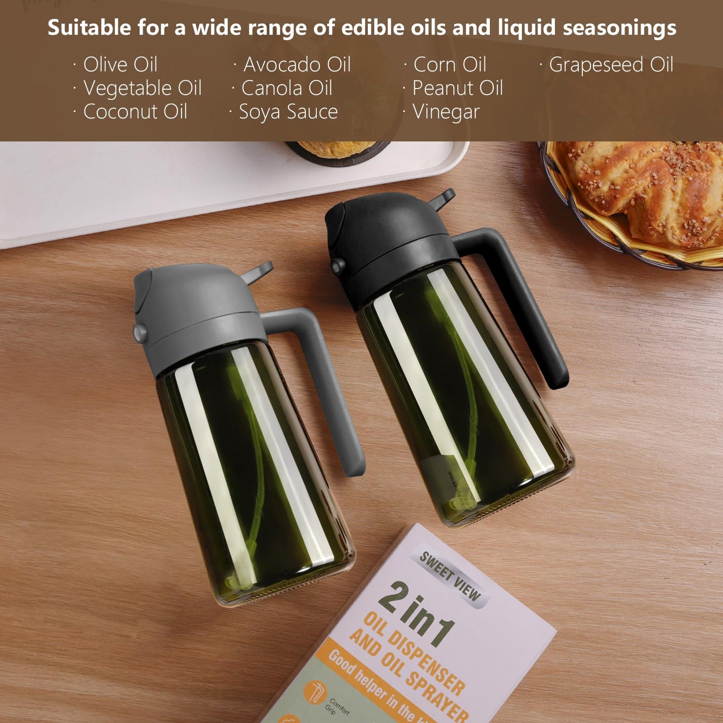 Olive Oil Dispenser and Oil Sprayer – 16oz/470ml Glass Light-Proof Oil Pourer for Kitchen, Air Fryer, Cooking, Salad, and BBQ