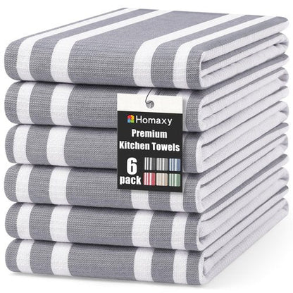 Homaxy Premium Kitchen Towels 18”x 28”, Large Cotton 380 GSM Kitchen Hand Towels, Stripe and Terry Dish Towel, Highly Absorbent Tea Towel Set with Hanging Loop, 6 Pack, Grey