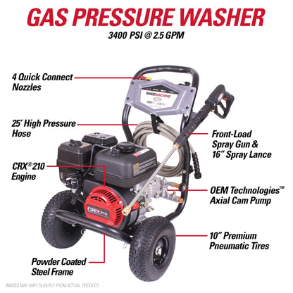 Simpson 3400 PSI Gas Pressure Washer, 2.5 GPM Residential Power Washer, Cold Water, 25' Hose, Clean Machine, 49-State Compliant (CM61083)
