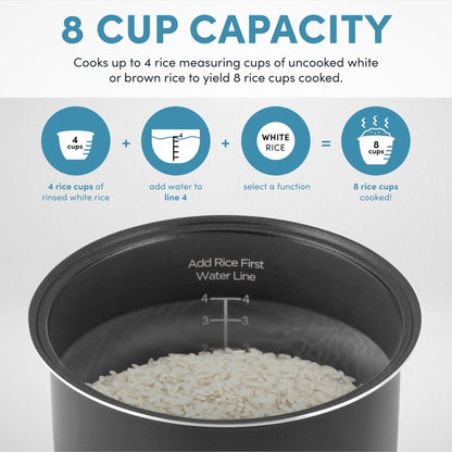 AROMA Digital Rice Cooker, 4-Cup (Uncooked) / 8-Cup (Cooked), Steamer, Multicooker, Slow Cooker, Oatmeal Cooker, Auto Keep Warm, 2 Qt, Stainless Steel Exterior