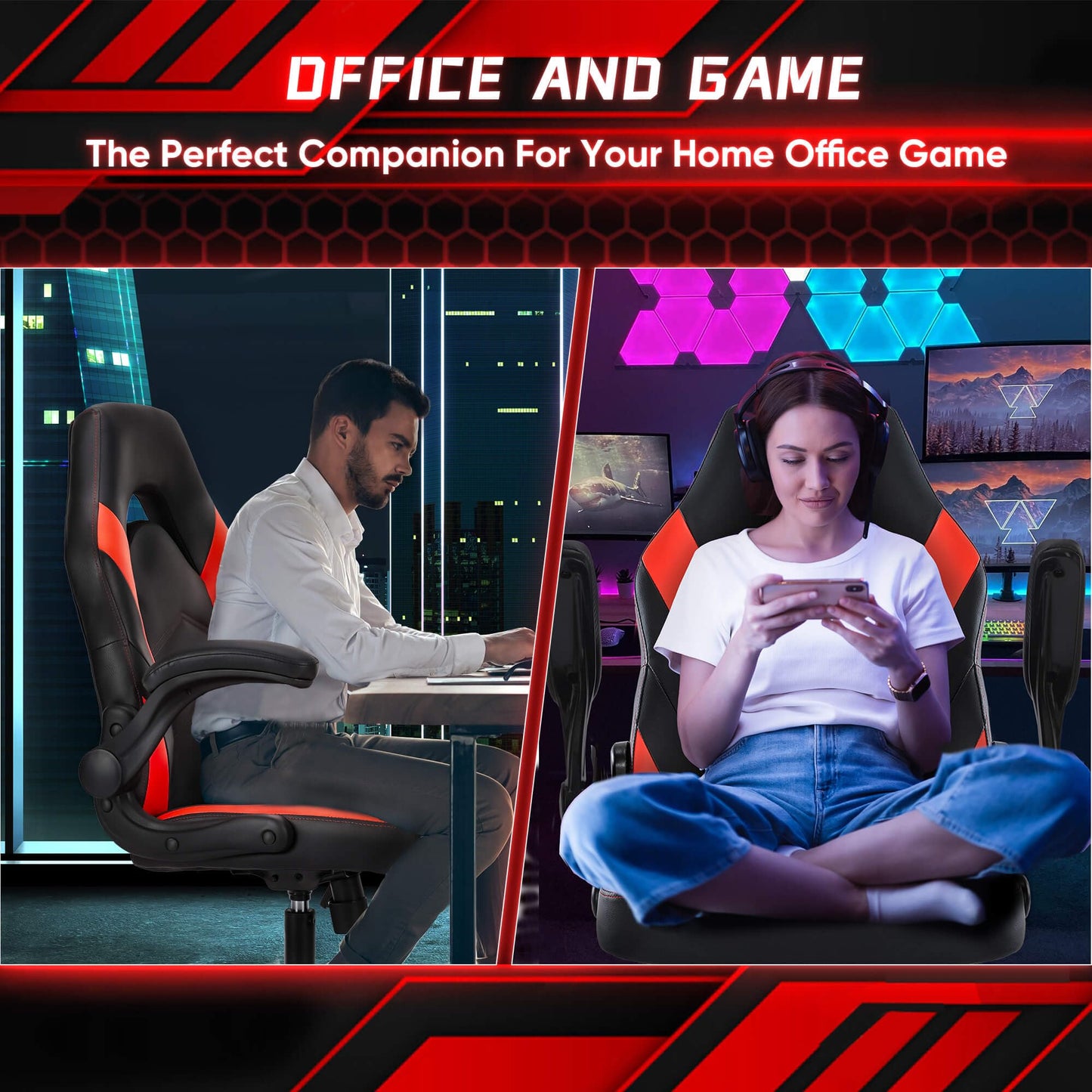 OLIXIS PU Leather Height Adjustable Computer Chair - Big and Tall Ergonomic Comfy Back Support Gaming Chair with Flip-up Armrest and 360° Swivel Wheels, for Home and Office, Red
