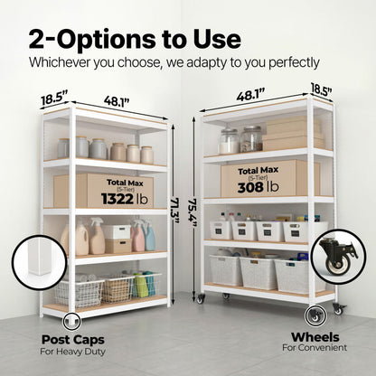 HOMEDANT House 48.1" 5-Tier Metal Rolling Cart Shelf Rack Casters Heavy Duty Laminated Wheel Shelving Unit Adjustable Utility Storage Shelves Shelf Kitchen Garage White 1Pack