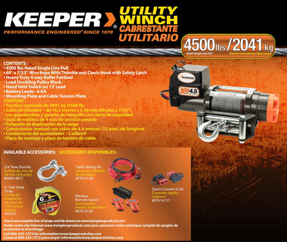 KEEPER KU4.5 12V DC 4500lb Utility Winch, Heavy-Duty Electric Winch with Integrated Sealed Solenoids, Handheld Remote Control, Durable Wire Rope, Weather-Resistant for Trucks, ATVs, and UTVs