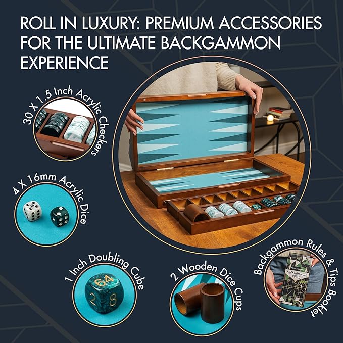 20 Inch Large Backgammon Sets for Adults Green Backgammon Board Solid Wood. Removable Accessory Tray Premium 1.5 Inch Checkers &amp Dice Set Backgammon Game Set Backgammon Table