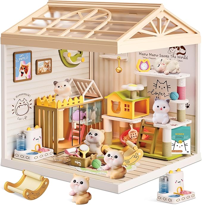 DIY Miniature Cat Pet Shop Dollhouse Kit with Dustproof Cover &amp Roof - Purrfect Tiny Animal Shelter Room with Led Lights - Creative Craft Set for Ages 14+
