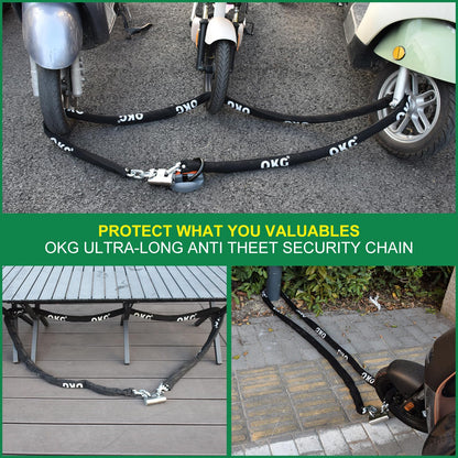 OKG Extra Long Security Chain - 10-Foot x 3/8" Thick Heavy Duty, Eco-Zinc Plated - Uncuttable for Outdoor & Indoor Use - Bike & Motorcycle Lock Chain - For Two+ 2-Wheeled Vehicles