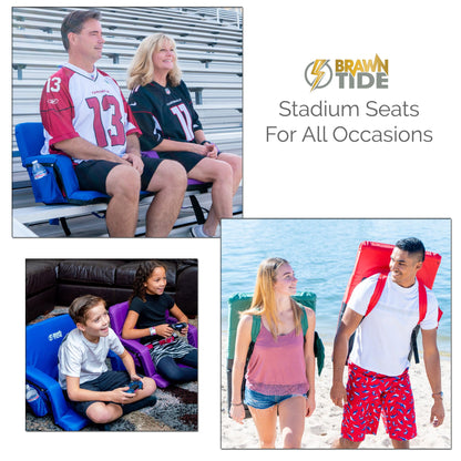 BRAWNTIDE Stadium Seat with Back Support - Comfy Cushion, Thick Padding, 2 Bleacher Hooks, 4 Pockets, Ideal Stadium Chair for Bleachers, Sporting Events, Camping, Beaches (Black, Regular Size)