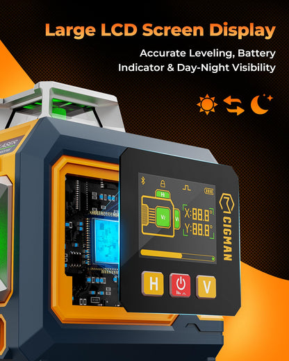 CIGMAN Green Laser Level, 3x360° Side LCD 12-Line Self-Leveling, Bluetooth App Remote, Pulse Mode for Receiver, ±1/8 in. at 33 ft Accuracy, 2x Li-ion (USB-C), 1/4-20 Mount, IP54, ABS Hard Case - S03