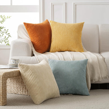 Volcanics Set of 4 Orange Teal Corduroy Decorative Couch Throw Pillow Covers 20x20 Inch, Modern Farmhouse Double-Sided Striped Cushion Cases, Soft Boho Square Accent Pillow Covers for Fall Home Decor