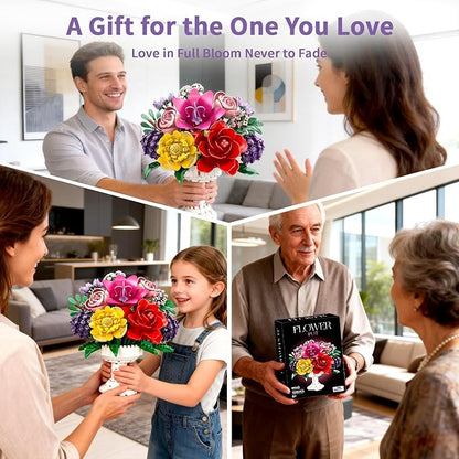 1070Pcs Flower Bouquet Building Set Artificial Fake Flowers Bridal Wedding Building Blocks Botanical Collection DIY Craft for Adults &amp Kids Girlfriend Wife Valentine’s Day Birthday Home Table D