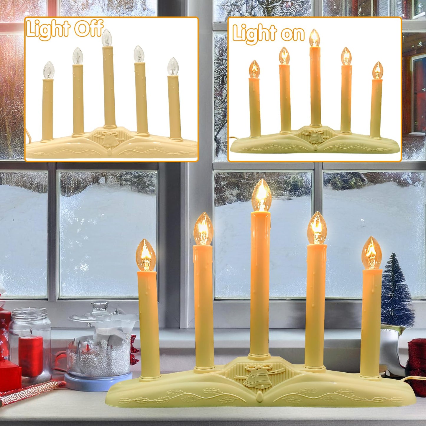Pallerina Window Candles for Christmas, Battery Operated or Electric LED Flameless Taper Candlesticks with Timer and Sensor for Holiday Home Window Decoration, Ivory Base, 5-Light Set
