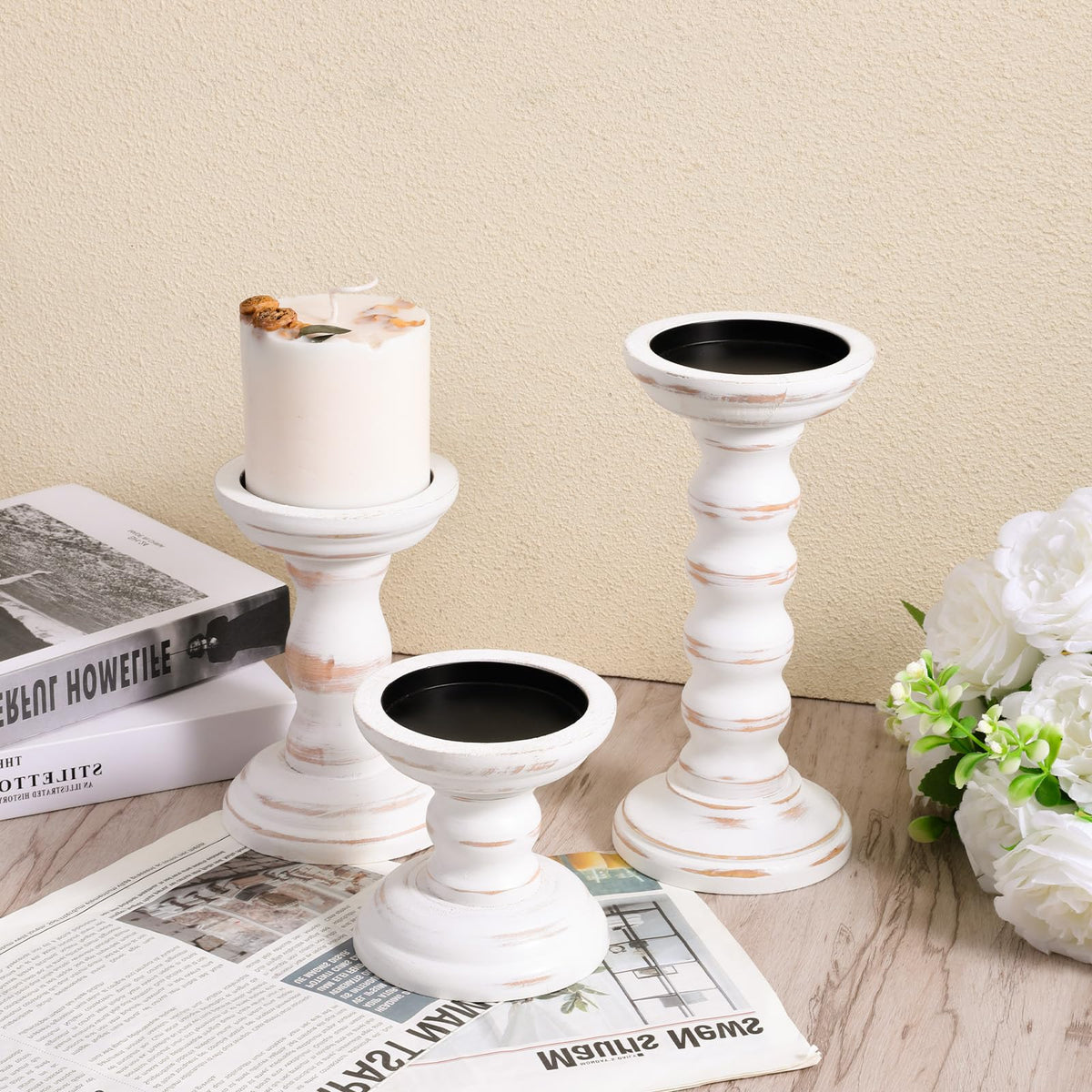 Rustic Candles Holder Set of 3 Farmhouse Wood Candle Holders Rustic Wooden Candle Stand Decorative Wood Candlestick Holdersfor Living Room, Table Centerpiece Dining Fireplace(White)
