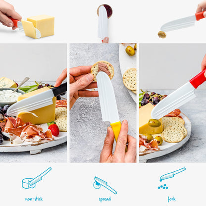 Dreamfarm Knibble Lite 3-In-1 Non-Stick Cheese Knife for Charcuterie, Slicing, Spreading, with Built-In Fork to Serve & Share Foods - 9" Red