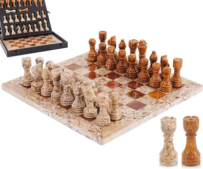 Marble Chess Set 12 Inch Handmade Coral &amp Dark Brown Board Game with Storage Box Classic Travel Chess Set for Adults with Pieces &amp 2 Extra Queens Elegant Home Décor