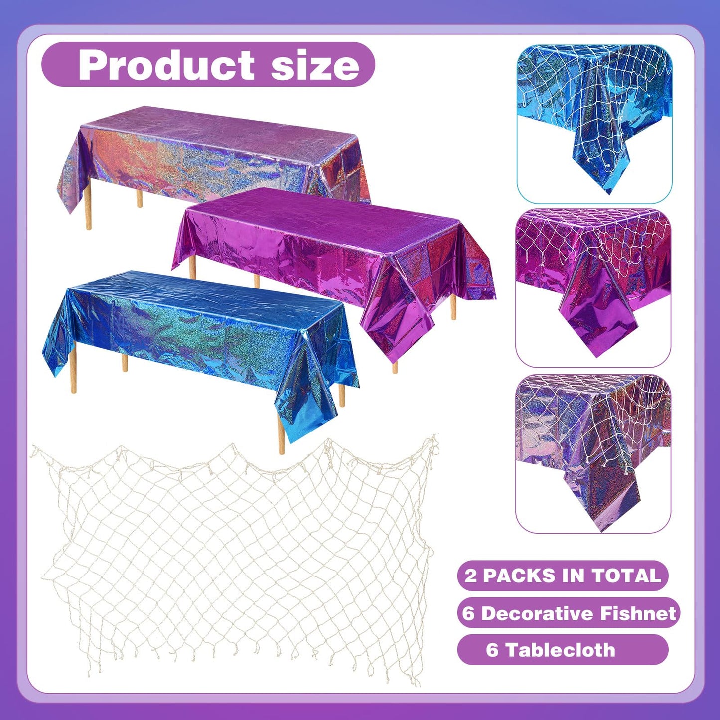 Oudain 12 Pcs Mermaid Tablecloth Fish Net and Iridescent Plastic Table Cloth Decorations Set for Mermaid Birthday Decorations,Ocean Summer Sea Theme Party Baby Shower (Purple,Blue,Pink)