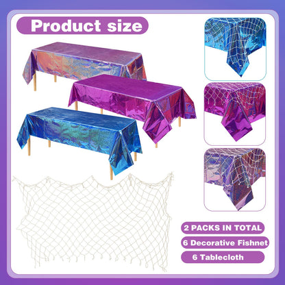 Oudain 12 Pcs Mermaid Tablecloth Fish Net and Iridescent Plastic Table Cloth Decorations Set for Mermaid Birthday Decorations,Ocean Summer Sea Theme Party Baby Shower (Purple,Blue,Pink)