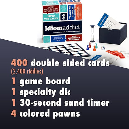Idiom Addict Decipher The Gibberish Phrase 2400 Funny Brain Teasers Large Group Party Game for 4+ Players