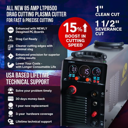 LOTOS Apex LTP8500 | 85A HF Pilot Arc Plasma Cutter, Drag-Cut Enabled, 1" Clean (1.5" Sever), 220V Single-Phase, LED Controls & Front Regulator, Portable Air Plasma Cutter for Fab, Auto, HVAC