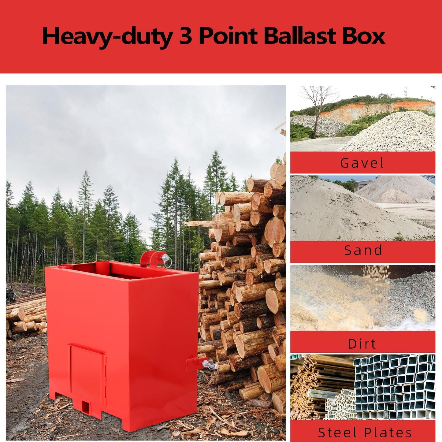 Tractor Ballast Box, 800LB, 5 cu.ft 3 Point Hitch Loader Attachment w/ 2" Quick Hitch Receiver, Sliding Door, Steel Weight Box Fits Category 0/1 Tractors, Skid Steers, Heavy-Duty, Red